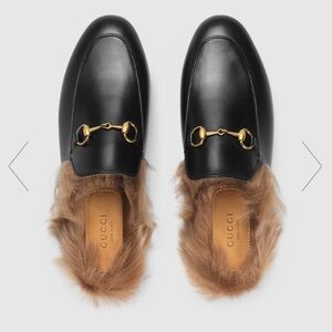 Gucci Princetown Black Leather & Fur Loafer Size 39/8